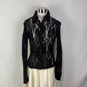 Ann Fontaine Black Lace Sheer Stretch Blouse